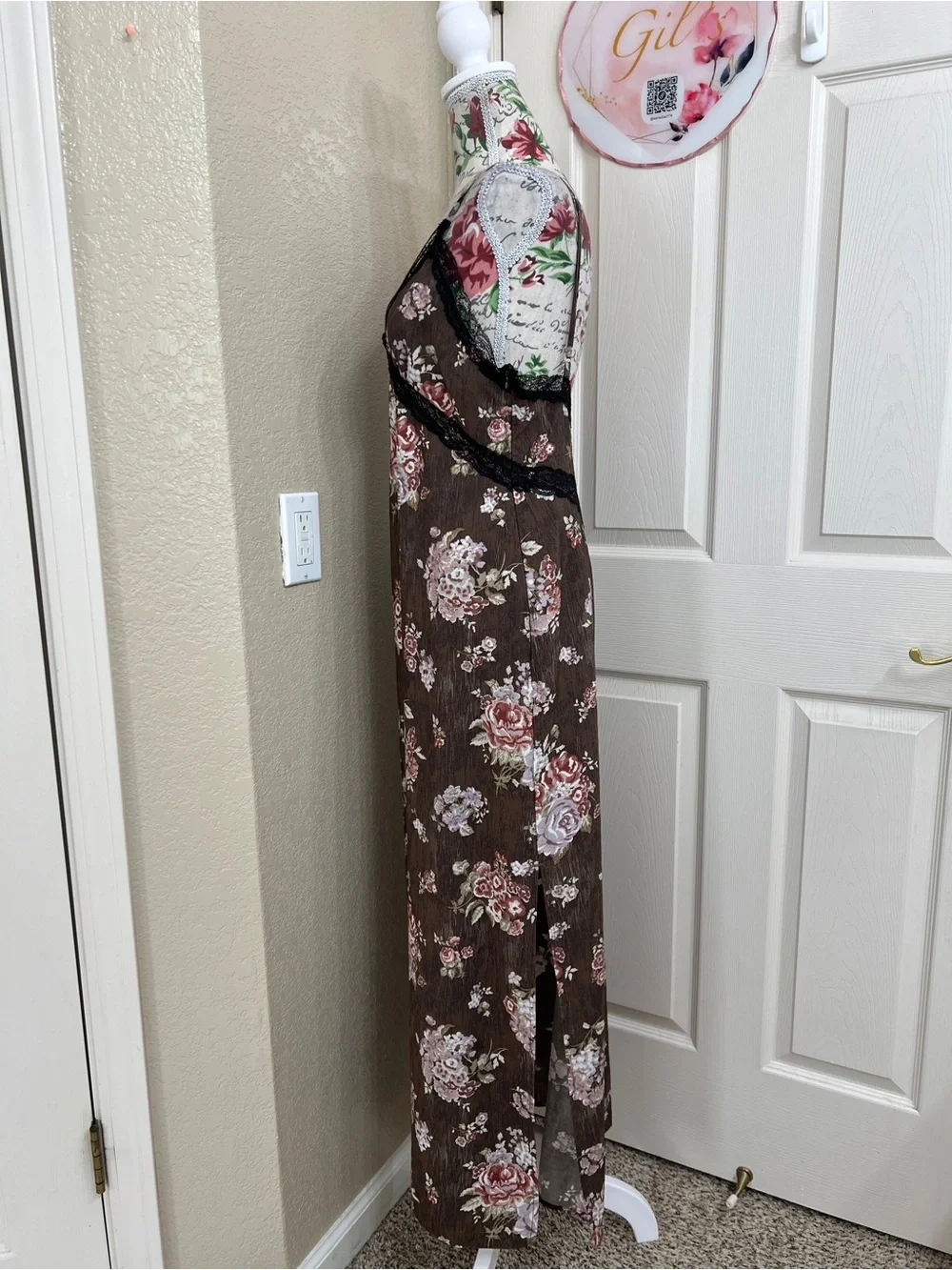 Brock Collection X H&M Brown Floral Lace Trim Maxi Slip Dress Size S